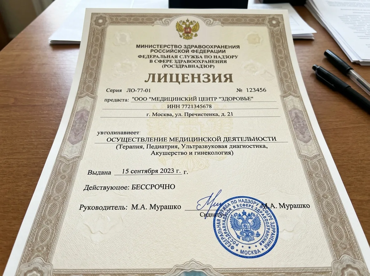 Официальная лицензия Росздравнадзора на осуществление медицинской деятельности, документ на бланке, гербовая печать, синий цвет